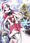  1girl asymmetrical_bangs bag bangs black_bow bow bowtie box capelet christmas_tree dress dutch_angle floating_hair from_below fur_trim gift gift_bag gift_box glasses gloves hat heartcatch_precure! holding holding_bag long_hair looking_at_viewer precure purple_hair red_capelet red_dress red_gloves red_hat rimless_eyewear santa_costume santa_gloves santa_hat snowflakes snowman_hair_ornament solo standing tsukikage_oyama tsukikage_yuri very_long_hair violet_eyes 