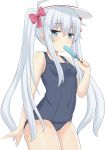  1girl absurdres alternate_hairstyle blue_eyes blue_swimsuit covered_navel cowboy_shot flat_cap food hair_ribbon haku_(pcts7547) hat hibiki_(kantai_collection) highres kantai_collection long_hair popsicle red_ribbon ribbon school_swimsuit silver_hair simple_background solo standing swimsuit twintails white_background white_hat 