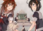  3girls black_serafuku blonde_hair braid brown_eyes brown_hair character_doll finger_puppet hair_flaps hair_over_shoulder hairband kantai_collection multiple_girls neckerchief puppet remodel_(kantai_collection) scarf school_uniform serafuku shigure_(kantai_collection) shiratsuyu_(kantai_collection) short_hair single_braid sugue_tettou translation_request whistle whistle_around_neck white_scarf yuudachi_(kantai_collection) 