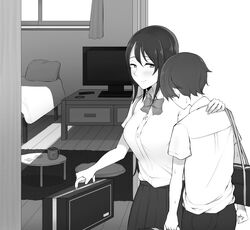  1boy 1girl bedroom breasts greyscale hand_on_shoulder heart heart-shaped_pupils highres large_breasts monochrome nori_gorou original room school_uniform symbol-shaped_pupils television 