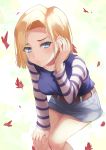  1girl android_18 aoi_(buzhuen444) arm_up autumn_leaves belt blonde_hair blue_eyes blush breasts closed_mouth collarbone denim denim_skirt dragon_ball dragonball_z earrings eyebrows_visible_through_hair eyes_visible_through_hair hand_on_own_knee jewelry leaning_forward long_sleeves looking_at_viewer miniskirt shirt short_hair simple_background skirt solo striped striped_shirt 
