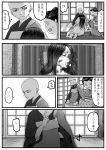  1boy 2girls bald comic highres japanese_clothes kimono kishida_shiki long_hair monk monochrome multiple_girls original robe short_hair sliding_doors speech_bubble translation_request 