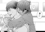  1boy 1girl biting blush closed_eyes ear_licking greyscale half_updo hug hug_from_behind kindergarten_uniform licking monochrome original otani_(gloria) oversized_clothes oversized_shirt shelf shirt short_hair sweat 