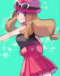 1girl aqua_background bag bare_shoulders closed_mouth creatures_(company) eyewear_on_head game_freak grey_eyes grey_shirt handbag hat high-waist_skirt light_brown_hair long_hair looking_at_viewer low-tied_long_hair nintendo outstretched_arm pokemon pokemon_(game) pokemon_xy red_hat red_skirt ririmon serena_(pokemon) shirt skirt sleeveless sleeveless_shirt smile solo sunglasses tongue tongue_out 