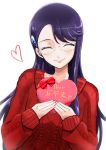  1girl blush box closed_eyes floating_hair glasses head_tilt heart heart-shaped_box heartcatch_precure! long_hair precure purple_hair red_sweater rimless_eyewear simple_background smile solo sweater tsukikage_oyama tsukikage_yuri upper_body valentine very_long_hair white_background 