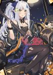  1girl cleavage_cutout commentary echj elf eyepatch girls_frontline green_eyes guitar hair_ribbon halloween halloween_costume hk416_(girls_frontline) instrument m16a1_(girls_frontline) pantyhose pointy_ears ribbon scrunchie solo torn_clothes torn_legwear white_hair 