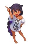  &gt;:d 1girl absurdres arm_up black_hair braid dark_skin fang full_body highres index_finger_raised jahy jahy_sama_wa_kujikenai konbu_wakame long_hair looking_at_viewer naked_shirt off_shoulder oversized_clothes red_eyes shirt short_sleeves simple_background single_braid t-shirt white_background white_shirt 