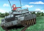  1girl artist_request brown_eyes caterpillar_tracks clouds crusader_(tank) cup day emblem girls_und_panzer grass ground_vehicle military military_vehicle motor_vehicle redhead rosehip short_hair sky smile solo st._gloriana&#039;s_(emblem) st._gloriana&#039;s_military_uniform tank teacup 