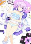  1girl blush breasts d-pad d-pad_hair_ornament food game_console hair_ornament handheld_game_console highres looking_at_viewer lying nepgyaa neptune_(choujigen_game_neptune) neptune_(series) on_back on_bed one_eye_closed open_mouth panties pudding purple_hair short_hair solo spoon striped striped_panties thigh-highs underwear violet_eyes zero_(ray_0805) 