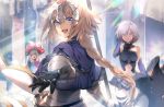  3girls armor armored_dress black_armor blonde_hair blue_eyes braid chains closed_mouth commentary_request eyebrows_visible_through_hair fate/grand_order fate_(series) flag gloves hair_between_eyes hair_over_one_eye hat headpiece holding holding_flag holding_shield holding_weapon jeanne_d&#039;arc_(fate) jeanne_d&#039;arc_(fate)_(all) long_hair looking_at_viewer marie_antoinette_(fate/grand_order) mash_kyrielight multiple_girls no-kan open_mouth shield short_hair single_braid smile sword twintails violet_eyes weapon white_hair 