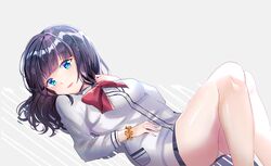  1girl bangs black_hair black_skirt blue_eyes blush bow breasts cardigan collared_shirt commentary_request eyebrows_visible_through_hair highres knees_up long_hair long_sleeves looking_at_viewer lying miniskirt miyo_(user_zdsp7735) on_back orange_scrunchie panties parted_lips pleated_skirt red_bow scrunchie shirt skirt small_breasts smile solo ssss.gridman takarada_rikka underwear white_cardigan white_panties white_shirt wrist_scrunchie 