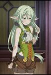  1girl artist_name blush corset elf goblin_slayer! green_eyes green_hair half-closed_eyes hand_in_hair high_elf_archer_(goblin_slayer!) highres mileydragneel pointy_ears shorts sidelocks signature sleeveless solo 