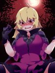  1girl black_gloves blonde_hair blush brooch cape commentary_request dress from_below gloves hammer_(sunset_beach) jewelry long_hair moon open_mouth original purple_dress red_eyes red_moon solo vampire 