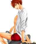  2boys :p ass boxer_briefs brown_hair ensemble_stars! highres kei1_833 looking_at_viewer looking_back male_focus morisawa_chiaki multiple_boys open_clothes open_shirt pov red_eyes shirt smile tongue tongue_out yaoi 