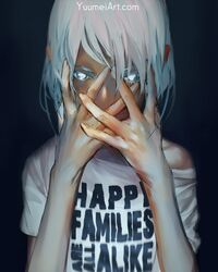  1girl blue_eyes clothes_writing commentary dark_background english english_commentary hands_on_own_face highres original shirt short_hair solo t-shirt upper_body watermark web_address wenqing_yan white_hair 