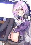  1girl :d absurdres ass breasts cleavage commentary_request headphones highres lavender_hair long_hair looking_at_viewer open_mouth orange_eyes pleated_skirt school_uniform shinjou_akane skirt smile solo ssss.gridman tomoo_(tomo) 