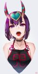  1girl absurdres angruoxin bangs bare_shoulders breasts choker clothes_writing collarbone dudou earrings eyeshadow fangs fate/grand_order fate_(series) forehead_jewel grey_background heart highres jewelry looking_at_viewer makeup medium_breasts oni_horns open_mouth purple_hair saliva short_hair shuten_douji_(fate/grand_order) solo tongue tongue_out upper_body violet_eyes 