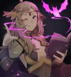  1girl ;q bat blonde_hair blue_eyes book breasts center_opening circlet fire_emblem fire_emblem_if happukiri holding holding_book long_hair medium_breasts nintendo one_eye_closed open_book ophelia_(fire_emblem_if) solo tongue tongue_out 