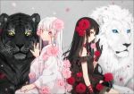  2girls animal bangs bare_shoulders black_dress black_gloves black_hair blue_eyes blush bow bowtie breasts choker closed_mouth commentary detached_sleeves dress earrings eyebrows_visible_through_hair fingernails flower gloves grey_background hair_flower hair_ornament hakusai_(tiahszld) japanese_clothes jewelry kimono light_frown lion long_hair long_sleeves looking_at_viewer multiple_girls nail_polish obi original petals petting pink_flower pink_nails pink_rose profile red_bow red_eyes red_flower red_neckwear red_rose rose sash see-through silver_hair sitting small_breasts smile symbol_commentary tiger very_long_hair violet_eyes white_choker white_hair white_kimono wide_sleeves wrist_flower yellow_eyes 