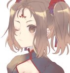  1girl bangs black_dress blush brown_eyes brown_hair china_dress chinese_clothes closed_mouth dress facial_mark fate/grand_order fate_(series) forehead forehead_mark hair_ornament hair_scrunchie hair_strand kidhukaji looking_away nezha_(fate/grand_order) one_eye_closed parted_bangs red_scrunchie scrunchie sidelocks simple_background solo twintails upper_body white_background 