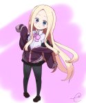  1girl abigail_williams_(fate/grand_order) black_footwear black_legwear black_skirt blonde_hair blue_eyes blush bow closed_mouth collared_shirt commentary_request cosplay fate/grand_order fate_(series) forehead highres jacket kujou_karasuma loafers long_sleeves miniskirt noba_(veronicanoha) off_shoulder pantyhose pink_bow pleated_skirt purple_jacket shinjou_akane shinjou_akane_(cosplay) shirt shoes signature skirt sleeves_past_fingers sleeves_past_wrists smile solo ssss.gridman white_shirt 