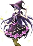  1girl bangs black_dress blue_eyes collarbone dress floating_hair hat heartcatch_precure! holding holding_wand long_hair looking_at_viewer pantyhose precure purple_hair purple_hat shiny shiny_hair simple_background sleeveless sleeveless_dress solo standing swept_bangs tsukikage_oyama tsukikage_yuri very_long_hair wand white_background witch_hat yellow_legwear 