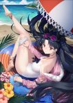  1girl anklet balusah barefoot beach beach_umbrella black_hair blue_sky blue_umbrella casual_one-piece_swimsuit chinese_commentary clouds commentary_request day earrings eyewear_on_head fate/grand_order fate_(series) full_body fur-trimmed_jacket fur_trim hoop_earrings innertube ishtar_(fate/grand_order) jacket jewelry leg_up long_hair ocean one-piece_swimsuit outdoors pink_jacket red_eyes sky solo strapless strapless_swimsuit sunglasses swimsuit tiara tohsaka_rin umbrella white_swimsuit 