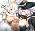  ^_^ blazblue blush breast_smother breasts cleavage closed_eyes closed_eyes dog elphelt_valentine guilty_gear happy large_breasts migumigu sandwiched smile 