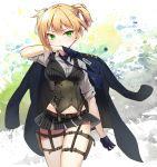  1girl bangs biting black_skirt black_vest blonde_hair blue_gloves blue_jacket blush breasts collared_shirt commentary_request cowboy_shot eyebrows_visible_through_hair girls_frontline glove_biting gloves green_eyes grey_shirt hair_between_eyes half_gloves holster jacket jacket_on_shoulders kutata looking_at_viewer medium_breasts military_jacket pleated_skirt shirt short_sleeves short_twintails skirt solo star striped striped_shirt thigh_holster twintails vertical-striped_shirt vertical-striped_vest vertical_stripes vest welrod_mk2_(girls_frontline) 