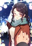  1girl :d black_hair blue_scarf blurry blurry_background blurry_foreground blush braid crown_braid earrings foreshortening glasses hand_holding highres jewelry long_sleeves looking_at_viewer nail_polish open_mouth original pointing ponita red_nails ribbed_sweater scarf smile sweater 