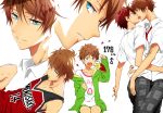  2boys baseball_uniform blue_eyes blush brown_hair ensemble_stars! kei1_833 kiss male_focus morisawa_chiaki multiple_boys necktie red_eyes shirt sportswear takamine_midori yaoi yumenosaki_school_uniform 