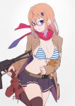  1girl ahoge as_val as_val_(girls_frontline) assault_rifle belt black_legwear blonde_hair boots breasts commentary front-tie_bikini front-tie_top girls_frontline glasses gun hair_ornament jacket leg_up long_sleeves looking_at_viewer medium_breasts open_clothes open_jacket pleated_skirt rifle scarf short_hair simple_background skirt sohin solo striped_bikini_top stuffed_animal stuffed_toy teddy_bear thigh-highs trigger_discipline weapon white_background 