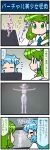  2girls 4koma artist_self-insert blue_hair boots closed_eyes comic commentary_request detached_sleeves frog_hair_ornament green_eyes green_hair hair_ornament hair_tubes highres kochiya_sanae long_hair mizuki_hitoshi monitor mosaic_background multiple_girls nontraditional_miko open_mouth outstretched_arms pointy_ears render short_hair snake_hair_ornament spread_arms sweatdrop tatara_kogasa touhou translation_request 