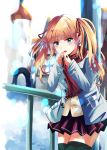  1girl black_legwear blonde_hair blowing_on_hands blue_eye blurry blurry_background coat fang hair_ribbon hands_up liukensama original pleated_skirt railing red_ribbon red_scarf ribbon scarf school_uniform skirt solo standing twintails visible_air 