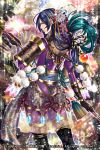  1girl aqua_hair armor axe black_gloves black_legwear blue_eyes blue_hair bracer company_name copyright_name floral_background floral_print flower glint gloves gradient_hair hair_flower hair_ornament highres japanese_armor long_hair long_sleeves mito_amatsu multicolored_hair official_art sengoku_hanafuda_kassen solo standing very_long_hair 