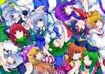  6+girls :3 :o :q ;) ;d absurdres american_flag_dress animal_ear_fluff animal_ears arm_up bangs black_bow black_hair black_hairband black_hat black_ribbon blonde_hair blouse blue_dress blue_eyes blue_neckwear blue_skirt bob_cut bow braid breasts brown_hair cat_ears clownpiece collarbone commentary_request covering_mouth dress eyebrows_visible_through_hair frog_hair_ornament green_background green_bow green_dress green_eyes green_hair green_ribbon green_vest hair_between_eyes hair_bow hair_ornament hair_ribbon hair_tubes hairband hand_holding hands_up hat head_tilt highres horns huge_filesize ishimu izayoi_sakuya jester_cap kaenbyou_rin kijin_seija kochiya_sanae konpaku_youmu large_breasts long_hair long_sleeves looking_at_viewer maid maid_headdress medium_breasts mononobe_no_futo multicolored_hair multiple_girls neck_ribbon neck_ruff necktie nishida_satono one_eye_closed open_mouth parted_lips pink_dress pink_eyes polka_dot_hat pom_pom_(clothes) ponytail profile puffy_short_sleeves puffy_sleeves purple_hair purple_hat purple_sash rabbit_ears red_dress red_eyes red_neckwear red_sailor_collar redhead reisen_udongein_inaba ribbon sailor_collar shirt short_hair short_hair_with_long_locks short_sleeves silver_hair simple_background single_sidelock skirt smile snake_hair_ornament streaked_hair striped striped_dress teireida_mai tongue tongue_out toramaru_shou touhou twin_braids twintails upper_body upside-down vest white_blouse white_dress white_hair white_shirt wide_sleeves wing_collar yellow_bow yellow_eyes 