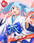  blue_eyes blue_hair blush character_name idolmaster idolmaster_side-m long_hair miko mizushima_saki smile twintails wink 