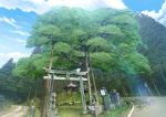  absurdres blue_sky branch clouds cloudy_sky commentary_request day falling_leaves fence forest grass highres huge_filesize leaf mahiro_(mahiroht) nature no_humans original outdoors path plant road road_sign scenery shrine sign sky stairs statue torii tree wind 