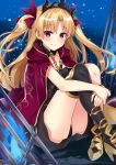  1girl bangs black_dress black_legwear black_panties blue_background blue_fire blush cage cape chains closed_mouth commentary_request crossed_ankles dress earrings ereshkigal_(fate/grand_order) eyebrows_visible_through_hair fate/grand_order fate_(series) fire hair_ribbon high_heels jewelry knees_up komori_kuzuyu long_hair looking_at_viewer panties pantyshot pantyshot_(sitting) parted_bangs petals purple_cape purple_ribbon ribbon shiny shiny_hair short_dress single_thighhigh sitting skull smile solo spine straight_hair thigh-highs tiara two_side_up underwear very_long_hair violet_eyes yellow_fur 