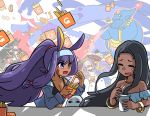  4girls black_hair bracelet breathing_fire carpet cup dark_skin disposable_cup drinking_straw facial_mark fate/grand_order fate_(series) fire food french_fries genie ghost highres hot_dog jewelry long_hair marlowe medjed multiple_girls necklace nitocris_(fate/grand_order) scheherazade_(fate/grand_order) scimitar semiramis_(fate) summoning sword very_long_hair violet_eyes weapon wu_zetian_(fate/grand_order) 