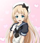  1girl :d blonde_hair blue_eyes commentary_request gloves hat heart heart_background highres jervis_(kantai_collection) kantai_collection long_hair looking_at_viewer open_mouth pink_background sailor_hat school_uniform serafuku simple_background smile solo sparkle tk8d32 white_gloves 