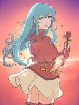  1girl aqua_hair cape eirika fire_emblem fire_emblem:_seima_no_kouseki fire_emblem_heroes flower highres jivke long_hair looking_at_viewer nintendo simple_background skirt smile solo thigh-highs 