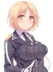  1girl blonde_hair breasts brown_eyes commentary_request girls_frontline hasu_(hk_works) hat hat_removed headwear_removed large_breasts looking_at_viewer military military_uniform mp40_(girls_frontline) necktie short_hair simple_background smile solo uniform white_background 