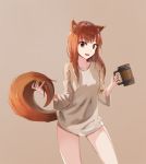  1girl animal_ears breasts brown_eyes brown_hair cup gan-viking highres holo long_hair mug shirt simple_background small_breasts solo spice_and_wolf standing tail wolf_ears wolf_tail 
