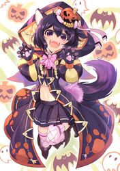  1girl ahoge black_hair blue_hair blush dress fire_emblem fire_emblem:_kakusei fire_emblem_heroes gloves halloween highres hood jacket looking_at_viewer mark_(female)_(fire_emblem) mark_(fire_emblem) nakabayashi_zun nintendo open_mouth pumpkin short_hair smile 