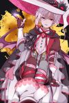  1boy bat_wings black_cape boots cape fingerless_gloves flower gloves hat hat_flower highres idolish_7 kujou_tenn looking_at_viewer male_focus nail_polish pink_eyes ponto1588 red_nails red_ribbon ribbon silhouette tail white_footwear white_hair white_hat wings 