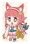  1girl :3 animal_ears artist_name bell blue_bow bow cat_ears cat_tail fake_animal_ears fake_tail fingerless_gloves fire_emblem fire_emblem_heroes fire_emblem_if flyer_27 gloves hairband halloween_costume highres japanese_clothes nintendo open_mouth pink_hair red_eyes sakura_(fire_emblem_if) short_hair solo tail 