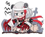  1girl admiral_graf_spee_(azur_lane) azur_lane bailingxiao_jiu bandage bandaged_head bandages bangs black_dress black_footwear blue_eyes blush boots chibi claws dress eyebrows_visible_through_hair fang looking_away multicolored_hair open_mouth red_scarf redhead scarf short_hair silver_hair simple_background solo standing streaked_hair tombstone wavy_mouth white_background 