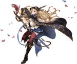  1girl bandaid bandaid_on_face bangs black_footwear blonde_hair boots brown_eyes closed_mouth curly_hair feathers full_body granblue_fantasy hat holding holding_weapon knee_boots leg_up long_coat long_hair long_sleeves minaba_hideo miniskirt monica_weisswind official_art petals pleated_skirt serious sheath skirt solo sword thigh-highs transparent_background twintails very_long_hair weapon wide_sleeves zettai_ryouiki 