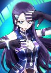 1girl black_gloves blue_eyes breasts cleavage cleavage_cutout elbow_gloves fingerless_gloves floating_hair glasses gloves hair_ornament hairclip heartcatch_precure! long_hair medium_breasts microphone open_mouth partially_unzipped precure purple_hair rimless_eyewear solo tsukikage_oyama tsukikage_yuri upper_body very_long_hair 